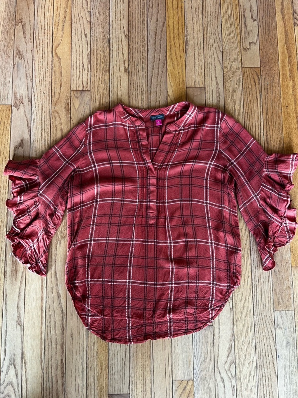 Vince Camuto Plaid Split-Neck Ruffle Sleeve Women's Blouse Size Small